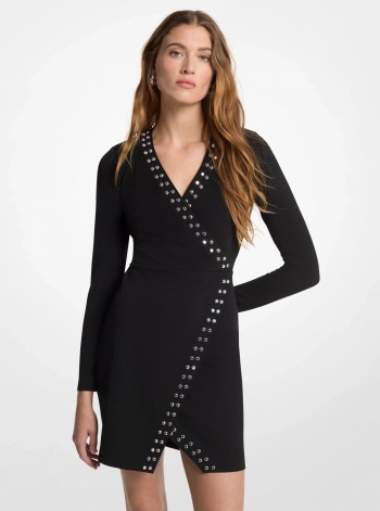 Studded Long-Sleeve Wrap Dress