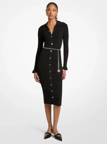 Stretch Knit Belted Midi Dress