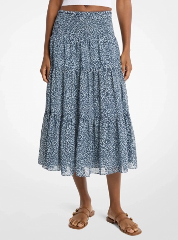 Leopard Print Georgette Tiered Midi Skirt