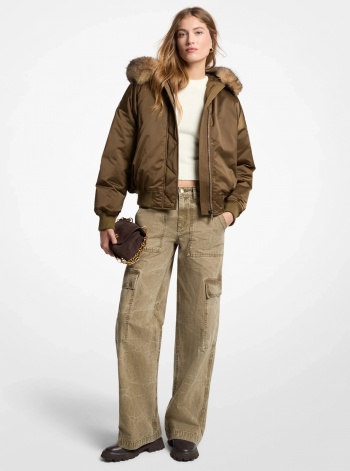 Michael Kors Faux Fur-Trimmed Satin Ciré Hooded Bomber Jacket