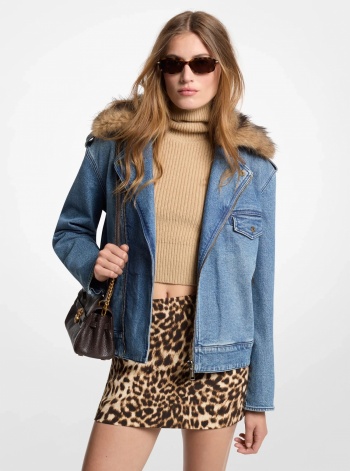 Michael Kors Faux Fur Trim Denim Moto Jacket