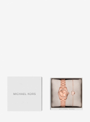 Michael Kors Petite Lexington Pavé Rose Gold-Tone Watch and Heart Bracelet Gift Set