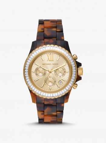 Michael Kors Oversized Everest Pavé Gold-Tone and Tortoiseshell Bio-Based Acetate Watch