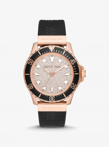 Michael Kors Oversized Slim Everest Pavé Rose-Gold Tone and Embossed Silicone Watch