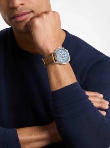 Michael Kors Oversized Lexington Silver-Tone and Leather Watch