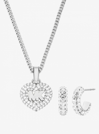 Pavé Heart and Logo Necklace and Hoop Earrings Jewelry Gift Set