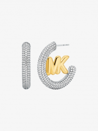 Michael Kors Large Pavé Logo Charm Two-Tone Hoop Earrings