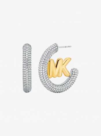 Michael Kors Large Pavé Logo Charm Two-Tone Hoop Earrings