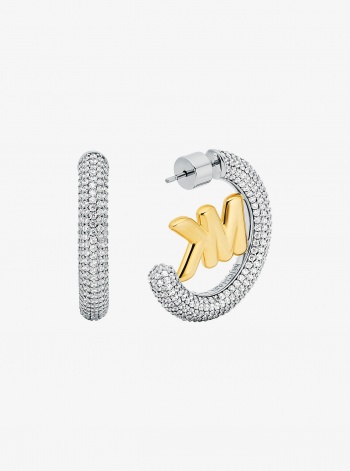Michael Kors Large Pavé Logo Charm Two-Tone Hoop Earrings