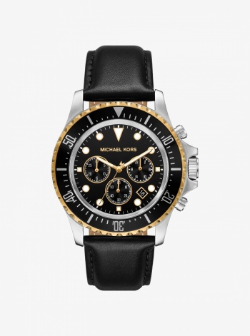 Michael Kors Mens Oversized Everest Silver-Tone and Leather Watch