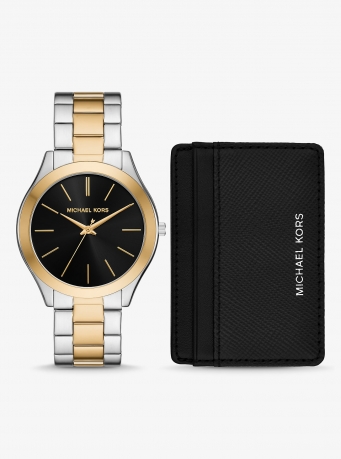 Michael Kors Oversized Aspyn Two-Tone Watch and Leather Card Case Gift Set