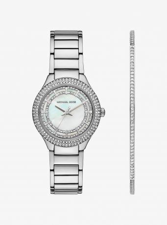 Michael Kors Mini Sylvia Pavé Silver-Tone Watch and Bracelet Gift Set