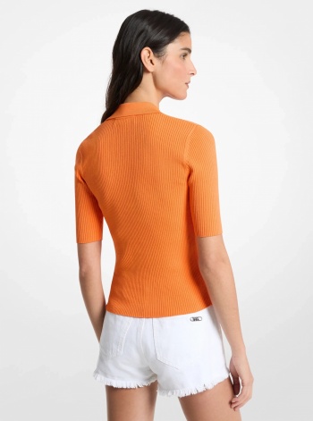 Michael Kors Ribbed Stretch Viscose Lace-Up Polo Top