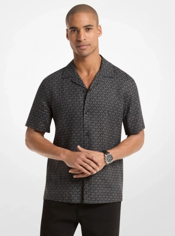 Michael Kors Mens Signature Logo Linen Camp Shirt