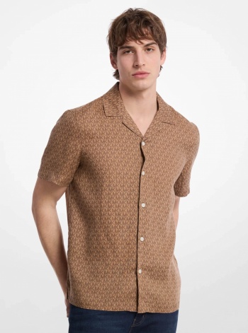 Michael Kors Mens Signature Logo Linen Camp Shirt